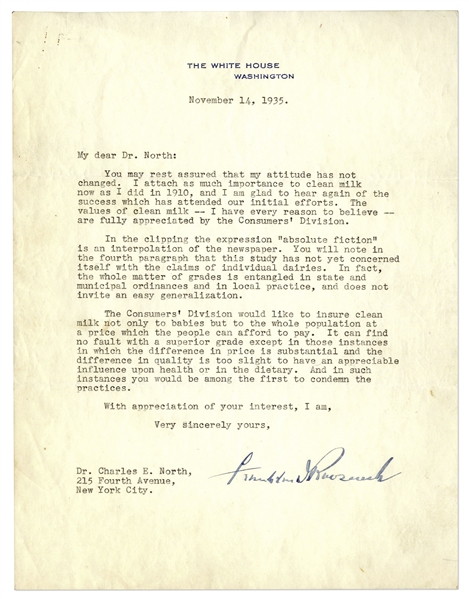 Franklin D. Roosevelt Letter Signed as President -- ''...insure clean milk not only to babies but to the whole population...''